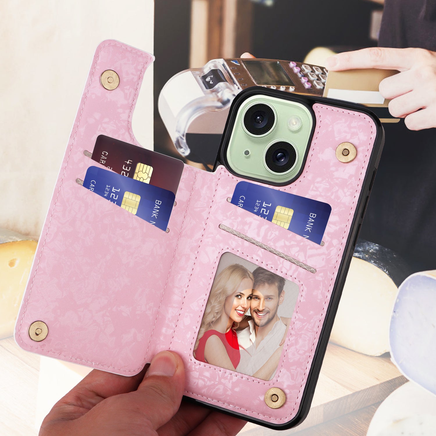 For iPhone 15 Plus Case Kickstand Flower Printed Shockproof Phone Case with Card Slot For iPhone 15 Plus Case Kickstand Flower Printed Shockproof Phone Case with Card Slot